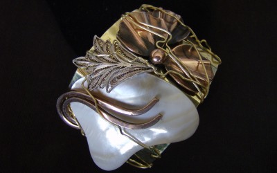 Modern design, brass, sterling silver, copper, mother of pearl. Cuff Bracelet. SOLD