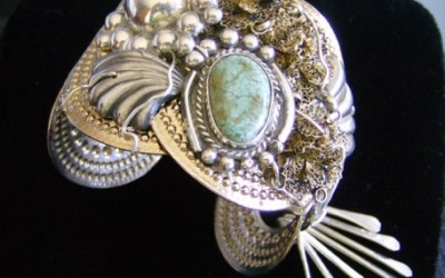 Native inspired design sterling silver, turquoise, brass Cuff Bracelet SOLD