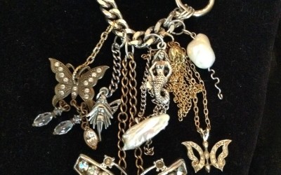 Vintage, retro design baroque & stick pearls, vintage stones, brass, steel  Necklace approx. 21” of variety chains $195.00 USD